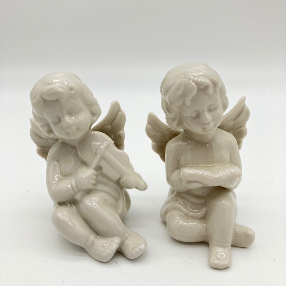 Vintage White Ceramic Cherub Angel Figurines Set Pair 4in Violin Book Decor